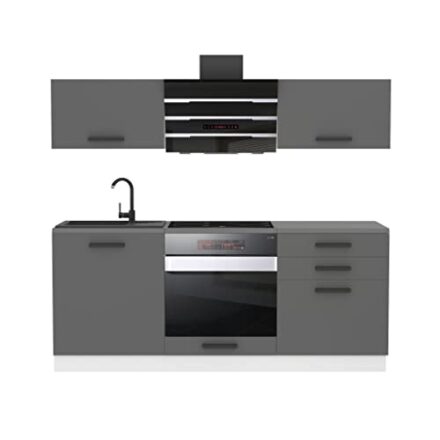 Belini Küchenzeile Küchenblock Sophia - Küchenmöbel 180 cm Einbauküche ohne Elektrogeräten mit Hängeschränke und Unterschränke, mit Arbeitsplatten, Silber matt  