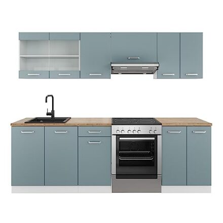 Vicco Küchenzeile Raul, Blau-Grau/Weiß, 240 cm ohne Arbeitsplatte  