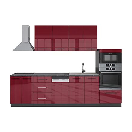 Vicco Küchenzeile Einbauküche Küche Fame-Line Anthrazit Rot Hochglanz 295 cm modern  