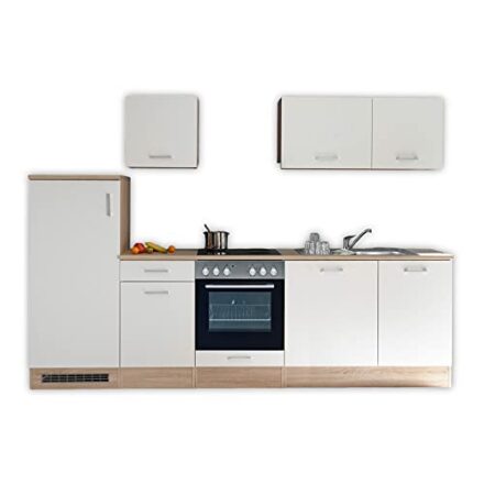 ANDY Moderne Küchenzeile ohne Elektrogeräte in Eiche Sonoma Optik, Weiß matt - Geräumige Einbauküche mit viel Stauraum - 280 x 195 x 60 cm (B/H/T)  