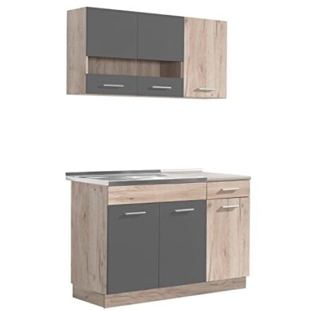 Homestyle4u 2359, Küche Küchenzeile Küchenblock Eiche Holz Grau Einbauküche Single Küchen Schränke 120 cm  