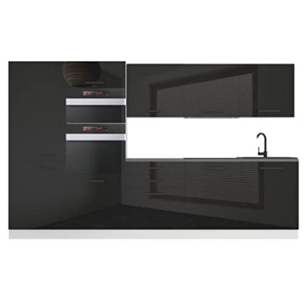 Belini Küchenzeile Küchenblock Grace - Küchenmöbel 300 cm Einbauküche Vollausstattung ohne Elektrogeräten mit Hängeschränke und Unterschränke, mit Arbeitsplatten, Schwarz Hochglanz  