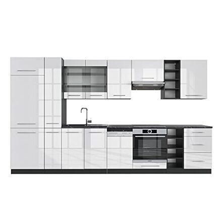 Vicco Küchenzeile Fame-Line, Weiß Hochglanz/Anthrazit, 355 cm ohne Arbeitsplatte  