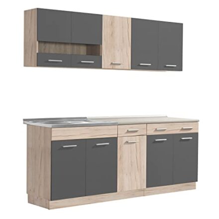 Homestyle4u 2357, Küche Küchenzeile Küchenblock Eiche Holz Grau Einbauküche Single Küchen Schränke 200 cm  