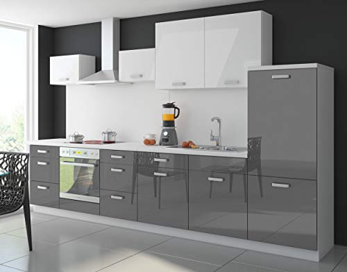 Küche Color 340 cm Küchenzeile Küchenblock Einbauküche in Hochglanz Grau/Weiss  