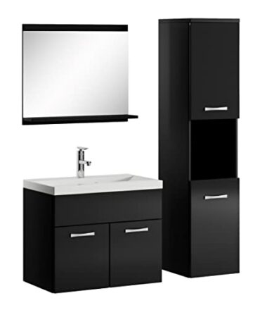 Badezimmer Badmöbel Set Montreal 60cm Waschbecken Hochglanz Schwarz Fronten - Unterschrank Hochschrank Waschtisch Möbel  