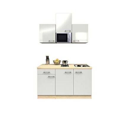 MMR Singleküche DERRY - Küche mit E-Geräten - 2er Elektro-Kochfeld - Mikrowelle - 9-teilig - Breite 150 cm - Perlmutt Weiß  