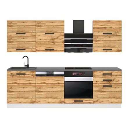 Belini Küchenzeile Küchenblock Madison - Küchenmöbel 240 cm Einbauküche Vollausstattung ohne Elektrogeräten mit Hängeschränke und Unterschränke, ohne Arbeitsplatten, Wotan-Eiche  