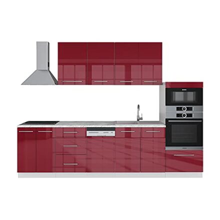 Vicco Küchenzeile Einbauküche Küche Fame-Line Weiß Rot Hochglanz 295 cm modern  