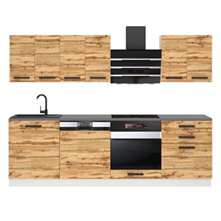 Belini Küchenzeile Küchenblock Susan - Küchenmöbel 240 cm Einbauküche Vollausstattung ohne Elektrogeräten mit Hängeschränke und Unterschränke, ohne Arbeitsplatten, Wotan-Eiche  