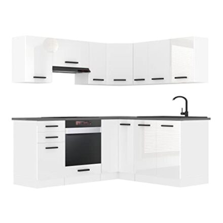 Belini Küchenzeile Küchenblock Küche L-Form Sarah Küchenmöbel mit Griffe, Einbauküche ohne Elektrogeräten mit Hängeschränke und Unterschränke, ohne Arbeitsplatten, Weiß Hochglanz  