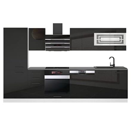 Belini Küchenzeile Küchenblock Cindy - Küchenmöbel 300 cm Einbauküche Vollausstattung ohne Elektrogeräten mit Hängeschränke und Unterschränke, mit Arbeitsplatten, Schwarz Hochglanz  