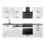 Belini Küchenzeile Küchenblock Madison - Küchenmöbel 240 cm Einbauküche Vollausstattung ohne Elektrogeräten mit Hängeschränke und Unterschränke, ohne Arbeitsplatten, Weiß Hochglanz  