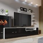 Skraut Home – Wohnzimmermöbel mit elektrischem Kamin – 170 x 290 x 45 cm – LED-Beleuchtungssystem mit Flammeneffekt – neues Olympo-Modell – moderner Stil – Ausführung in Weiß/Schwarz  