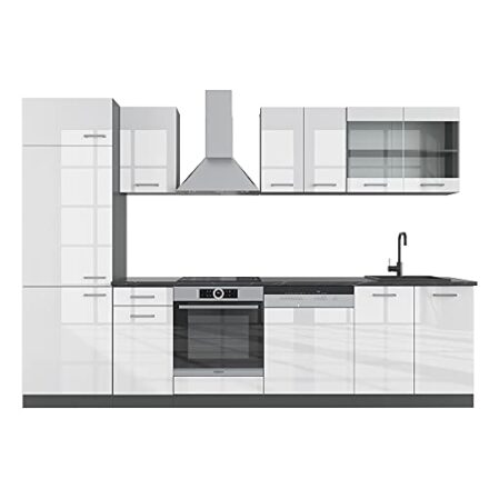 Vicco Küchenzeile R-Line, Weiß Hochglanz/Anthrazit, 300 cm ohne Arbeitsplatte  