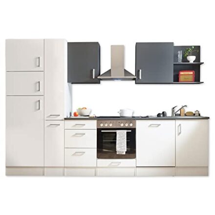 Stella Trading Corner 310 Moderne Küchenzeile ohne Elektrogeräte in Weiß, Anthrazit-Geräumige Einbauküche mit viel Platz und Stauraum, 310 x 211 x 60 cm  
