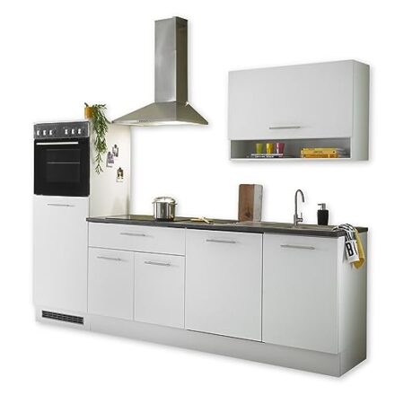 EDDY Moderne Küchenzeile ohne Elektrogeräte in Weiß matt, Metallic Grau - Geräumige Einbauküche mit viel Stauraum - 260 x 220 x 60 cm (B/H/T)  
