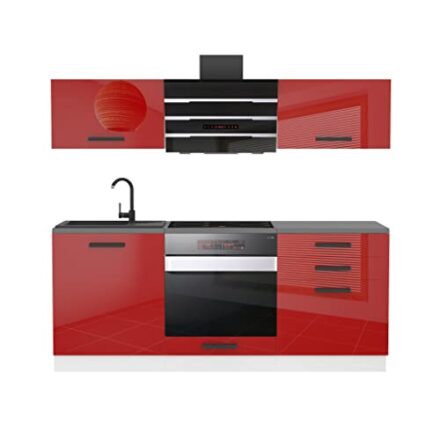 Belini Küchenzeile Küchenblock Sophia - Küchenmöbel 180 cm Einbauküche ohne Elektrogeräten mit Hängeschränke und Unterschränke, mit Arbeitsplatten, Rot Hochglanz  