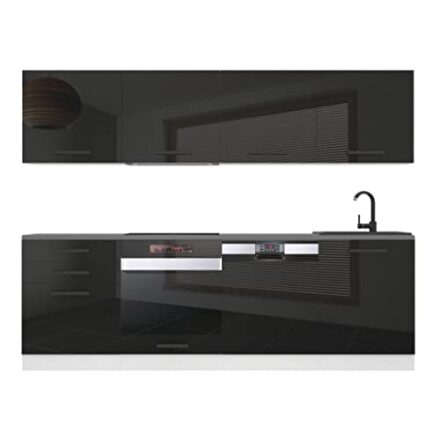 Belini Küchenzeile Küchenblock Alice - Küchenmöbel 240 cm Einbauküche Vollausstattung ohne Elektrogeräten mit Hängeschränke und Unterschränke, mit Arbeitsplatten, Schwarz Hochglanz  