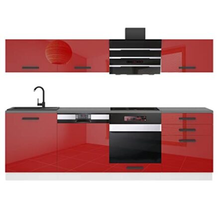 Belini Küchenzeile Küchenblock Linda - Küchenmöbel 240 cm Einbauküche Vollausstattung ohne Elektrogeräten mit Hängeschränke und Unterschränke, mit Arbeitsplatten, Rot Hochglanz  