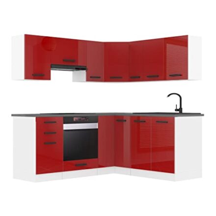 Belini Küchenzeile Küchenblock Küche L-Form Sarah Küchenmöbel mit Griffe, Einbauküche ohne Elektrogeräten mit Hängeschränke und Unterschränke, ohne Arbeitsplatten, Rot Hochglanz  