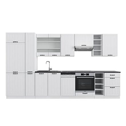 Vicco Küchenzeile Fame-Line, Weiß Landhaus/Weiß, 355 cm mit Hochschrank, ohne Arbeitsplatte  