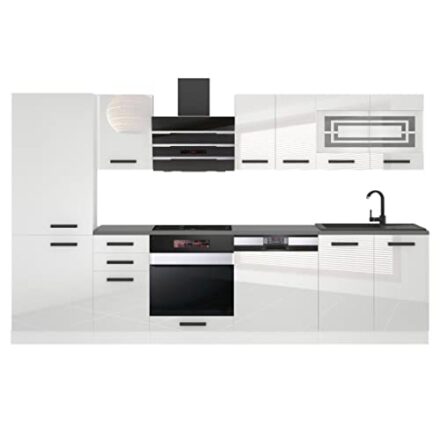 Belini Küchenzeile Küchenblock Cindy - Küchenmöbel 300 cm Einbauküche Vollausstattung ohne Elektrogeräten mit Hängeschränke und Unterschränke, mit Arbeitsplatten, Weiß Hochglanz  