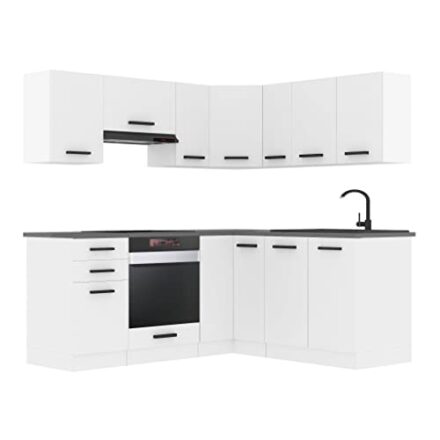 Belini Küchenzeile Küchenblock Küche L-Form Sarah Küchenmöbel mit Griffe, Einbauküche ohne Elektrogeräten mit Hängeschränke und Unterschränke, ohne Arbeitsplatten, Weiß matt  